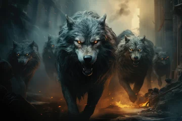 Foto op Canvas Medieval Majesty: A Fabled Gray Wolf Pack Runs Together © furyon