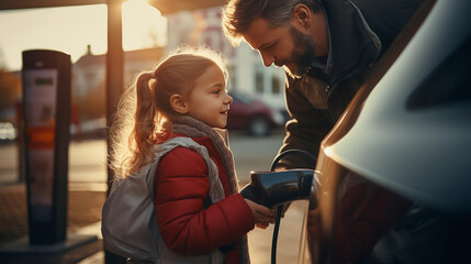 Daughter and father load an electric car at an eco friendly and sustainable charging station to take care of the environment and the ozone layer