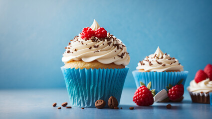 Delicious cup cake on blue background. Backdrop with copy space