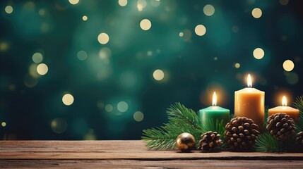 green Christmas candle on rustic wooden boards - Decoration with natural elements, twigs, pine cones and cookies - First Advent Sunday , Advent banner, panorama with magic bokeh lihgts- generative AI