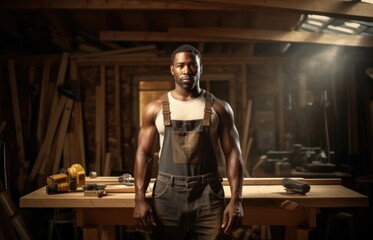 Obraz premium Black Man Carpenter Employee Employment Workplace Backdrop Generative AI