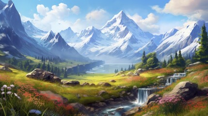 Obraz premium Majestic Mountain Peaks, Snow Capped Summits and Alpine Meadows Game Art