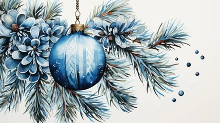 Foto op Canvas a blue ball hangs on a Christmas tree branch covered with snow. Christmas background on a greeting card in watercolor style. free space for text. copy space © Margo_Alexa