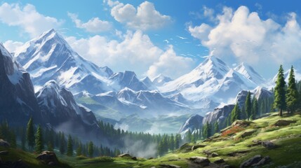 Majestic Mountain Peaks, Snow Capped Summits and Alpine Meadows Game Art - obrazy, fototapety, plakaty