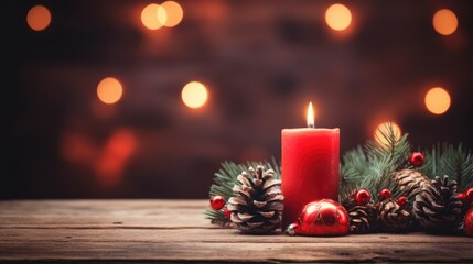 red Christmas candle on rustic wooden boards - Decoration with natural elements, twigs, pine cones and cookies - First Advent Sunday , Advent banner, panorama with magic bokeh lihgts- generative AI