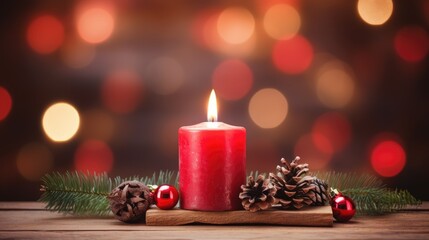 red Christmas candle on rustic wooden boards - Decoration with natural elements, twigs, pine cones and cookies - First Advent Sunday , Advent banner, panorama with magic bokeh lihgts- generative AI