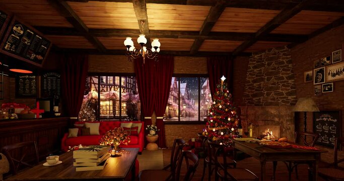 3D Render cozy christmas coffee shop ambience with fireplace, coffee, noel tree, snowing outside, winter holiday season