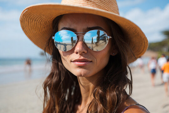 Portrait of a beautiful girl model wearing glasses and a hat on holiday at the beach