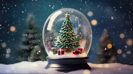 Shiny Christmas Tree In Snow Globe- generative AI