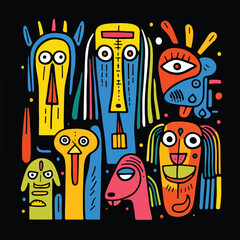 A group of colorful dog faces with a black background