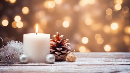 White Christmas candle on rustic wooden boards - Decoration with natural elements, twigs, pine cones and cookies - First Advent Sunday , Advent banner, panorama with magic bokeh lihgts- generative AI