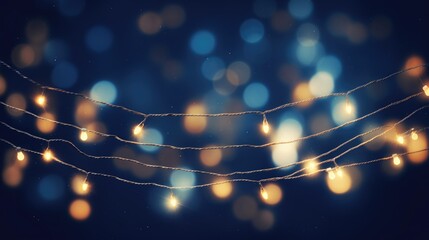 holiday illumination and decoration concept - christmas garland bokeh lights over dark blue background- generative AI
