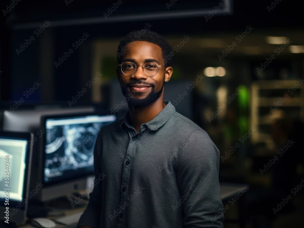 Poster black male computer programmer professional job expertise workplace background generative ai