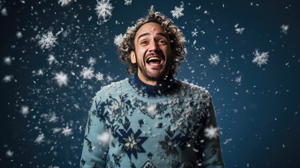 Winter's Embrace: Studio Portrait of a Person in Ugly Christmas Sweater with Snowflakes Falling- generative AI, fiction Person