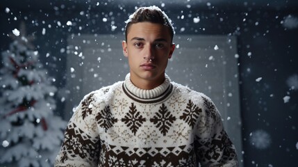 Winter's Embrace: Studio Portrait of a Person in Ugly Christmas Sweater with Snowflakes Falling- generative AI, fiction Person