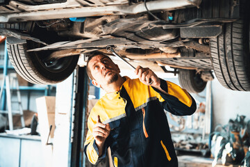 Vehicle mechanic conduct car inspection from beneath lifted vehicle. Automotive service technician in uniform carefully diagnosing and checking car's axles and undercarriage components. Oxus - obrazy, fototapety, plakaty