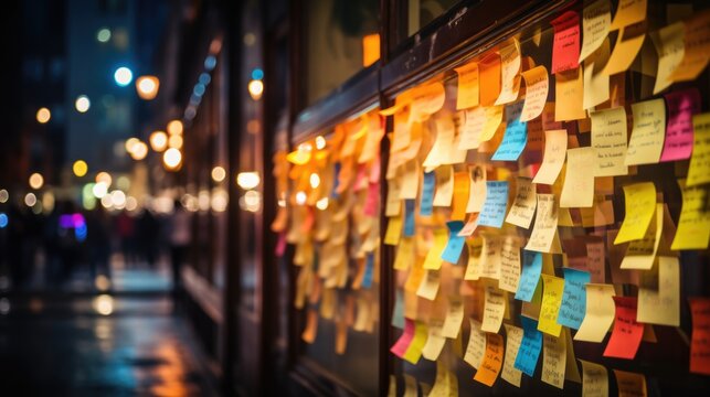 sticky note on brainstorming board at business office.