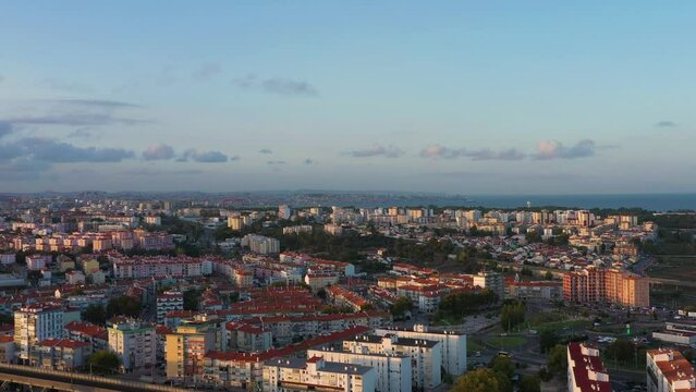 Almada, Corroios and Lisbon. Portugal. Aerial View. Residential Neighborhoods. Drone Flies Upwards