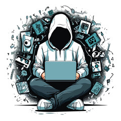 A hooded Programmer with a black notebook sitting on it