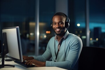 Black Male Customer Service Representative Professional Job Expertise Workplace Background Generative AI - obrazy, fototapety, plakaty
