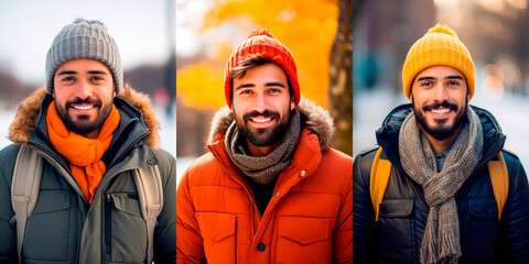 Collage set of three casual outdoors portraits of Latin American men wearing winter clothes - obrazy, fototapety, plakaty
