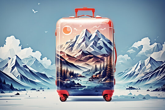 mountain, winter travel vacation banner.suitcase with mountain landscape on neutral background