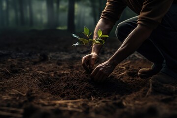 Planting new trees in an open area. Reforestation of conifer trees in the woods. Planting tree saplings for forest conversation and forestation. Ecology, nature preservation, woodlands. Generative AI