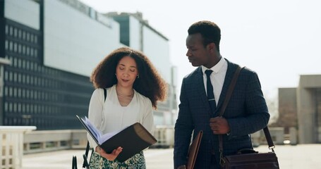 City, paperwork and business people conversation, walking and teamwork on legal contract, finance or corporate info. Portfolio folder, team planning and professional attorney talking on morning trip