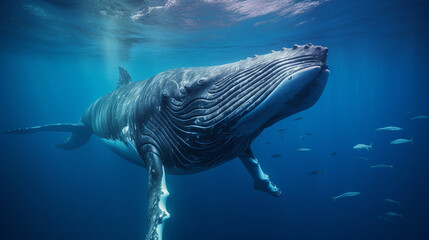 Humpback whale swimming in ocean. 
