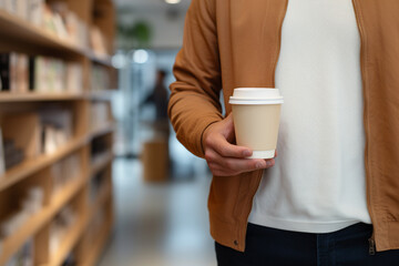 Person holding a coffee cup. Soft brown colours. 