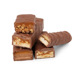 Pieces of different tasty chocolate bars on white background