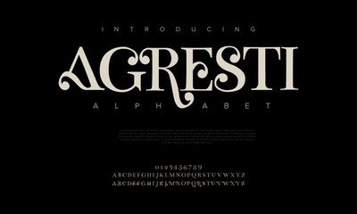 Agresti premium luxury elegant alphabet letters and numbers. Elegant wedding typography classic serif font decorative vintage retro. Creative vector illustration