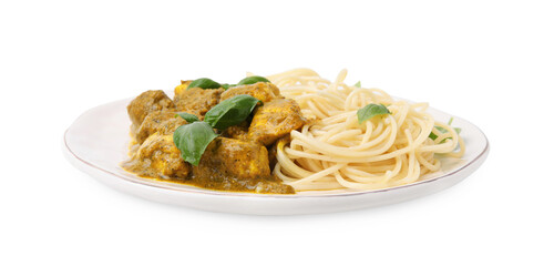 Delicious pasta and chicken with curry sauce isolated on white