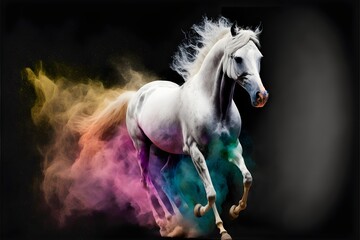 white horse running in colorful powder 