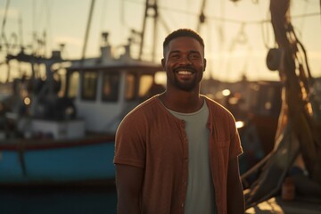 Fototapeta premium Black Male Fisherman Employee Work Role Work Environment Background Generative AI