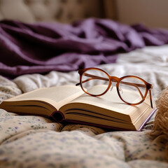 A book with a bookmark and a pair of glasses 
