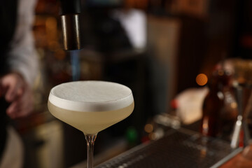 Fresh alcoholic cocktail in bar, closeup. Space for text