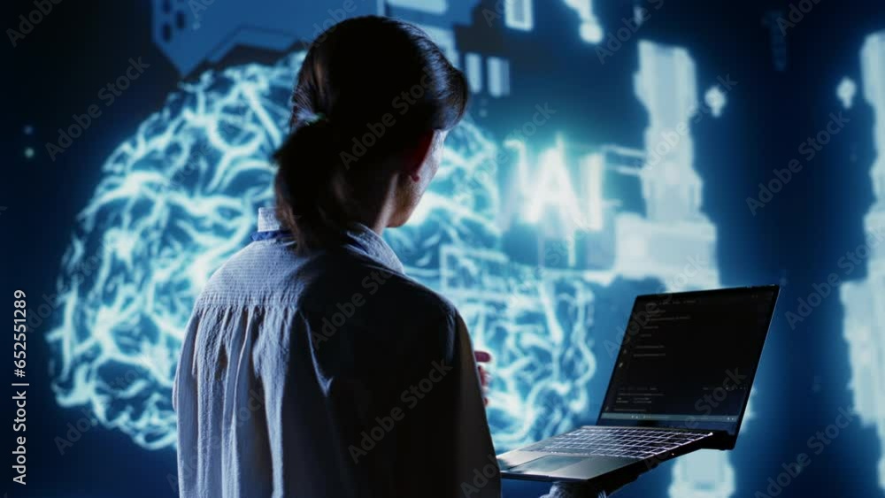Poster certified admin writing artificial intelligence script code in startup workspace on laptop terminal.