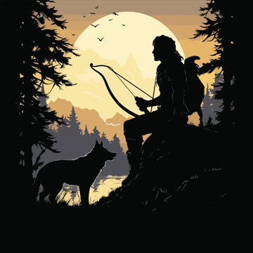 A silhouette of a hunter and his dog with bow and arrow, black-and-white graphic