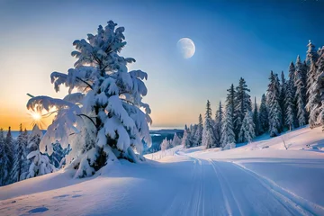 Schilderijen op glas winter landscape with trees and snow © Image Studio