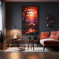 halloween, painting, interior, room, home, house, design, chair, classic, lamp, decor, architecture, decoration, door, indoor

