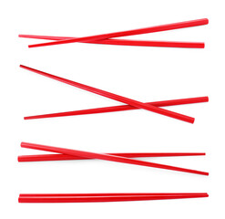 Collage with red chopsticks isolated on white