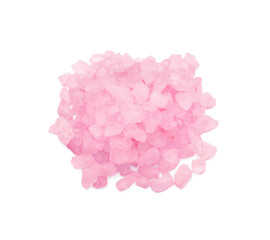 Heap of pink sea salt isolated on white, top view