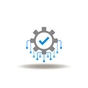 Vector illustration of gear with check mark and circuit pattern. Icon of SAP System Software Automation Management Business. Symbol of information technology standards.