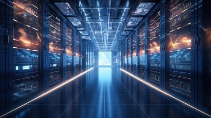 Obraz premium Shot of Corridor in Working Data Center Full of Rack Servers and Supercomputers with Internet connection Visualization Projection, technology, digital, futuristic, future,