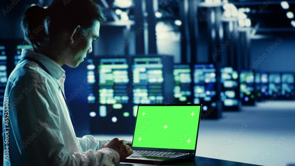 Poster employee using chroma key laptop to fix data center hardware clusters providing processing resources