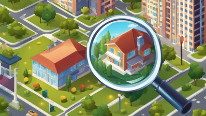 Magnifying Glass Near Cartoon Residential Building: Isometric Art