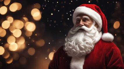 old santa claus blurred defocused dark background with bokeh lights