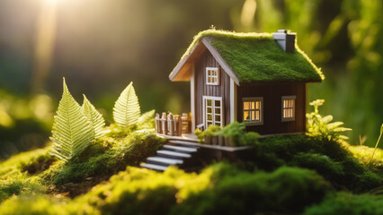 miniature wooden house home in grass moss and ferns illuminated by the sun sunshine eco house - obrazy, fototapety, plakaty