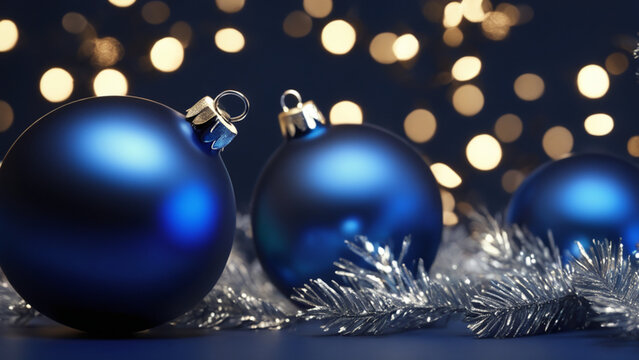 christmas background with blue balls and bokeh lights 